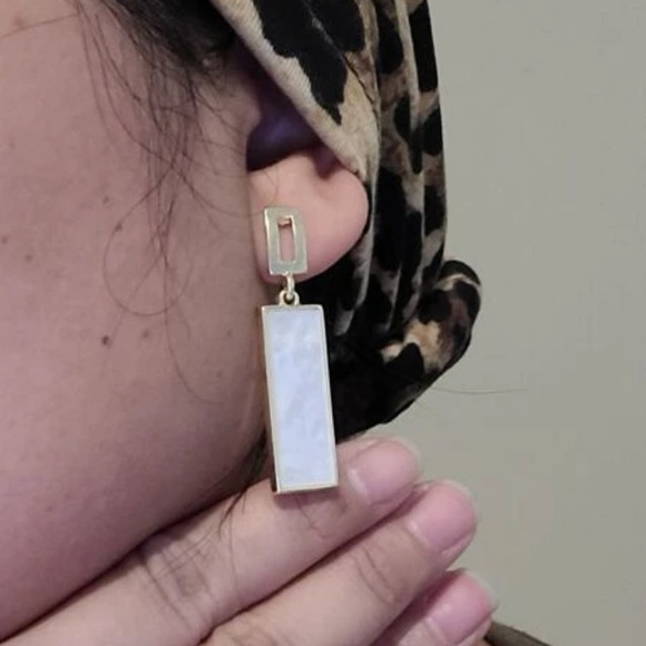 Geometric Rectangular White & Gold Drop Earrings | Minimalist Statement Jewelry - Picture 11 of 16